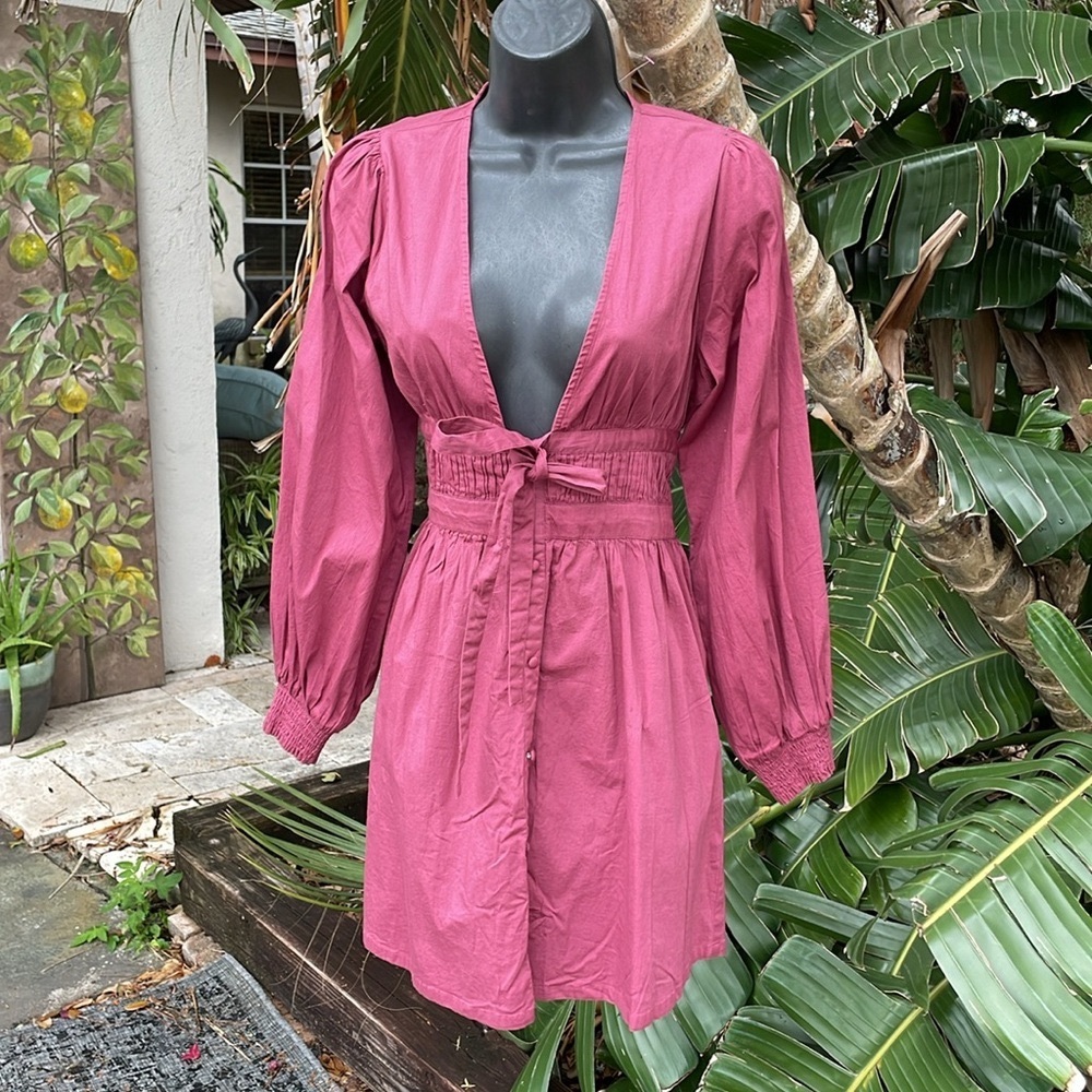 Shore deep V smoked waistband, statement, sleeves, bohemian dress